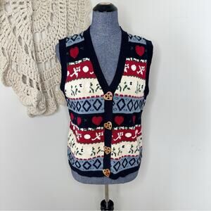 Vintage 90s Heart Fair Isle Granola Girl Grandmacore Knit Cardigan Vest Medium